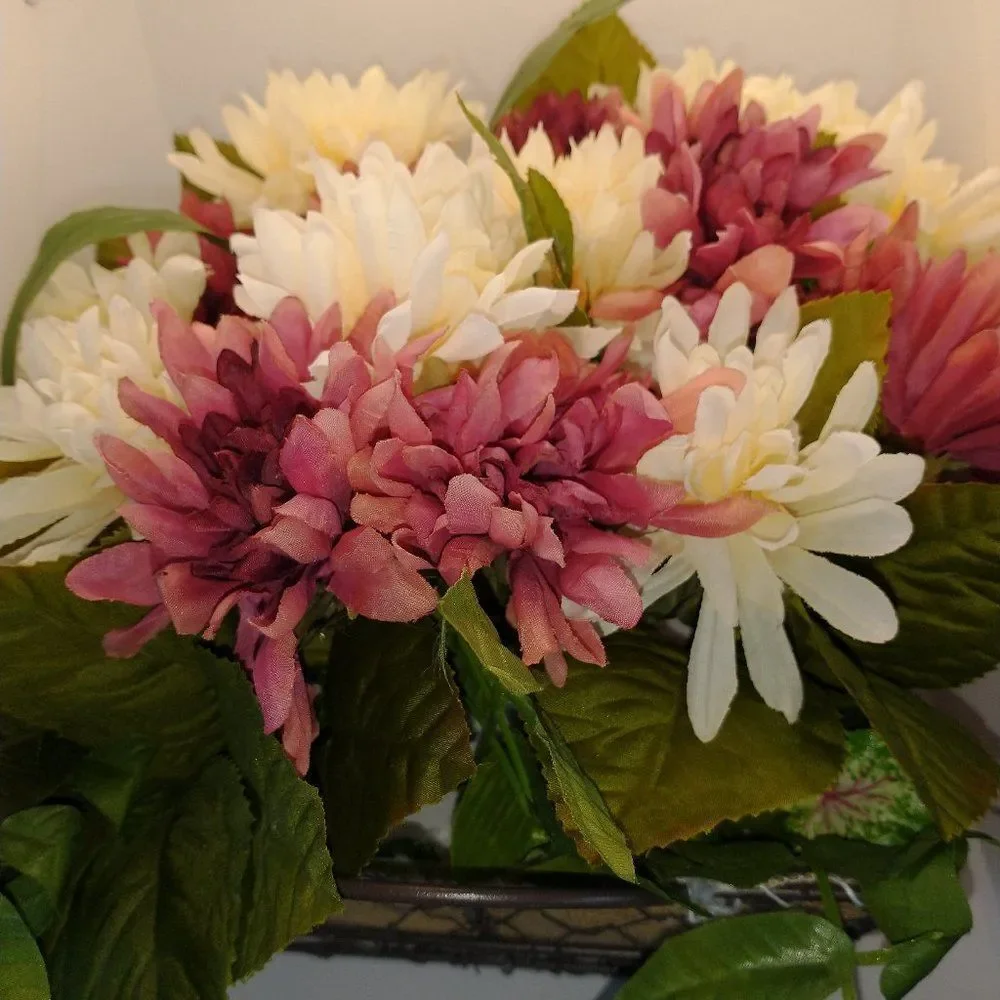 Hand Crafted Floral Table Centerpiece Fall Chrysanthemum Mauve White Basket